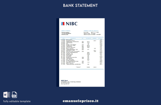 modello word di estratto conto bancario NIBC olandese in stile verificato